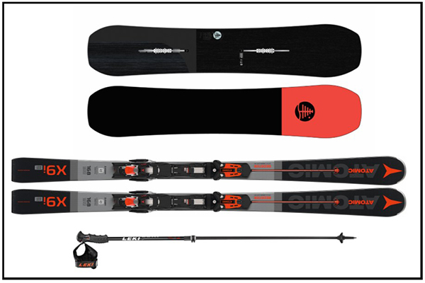 A Burton Hometown Hero snowboard, pair of Atomic Redster X9 WB skis, and Leki Peak Vario S pole