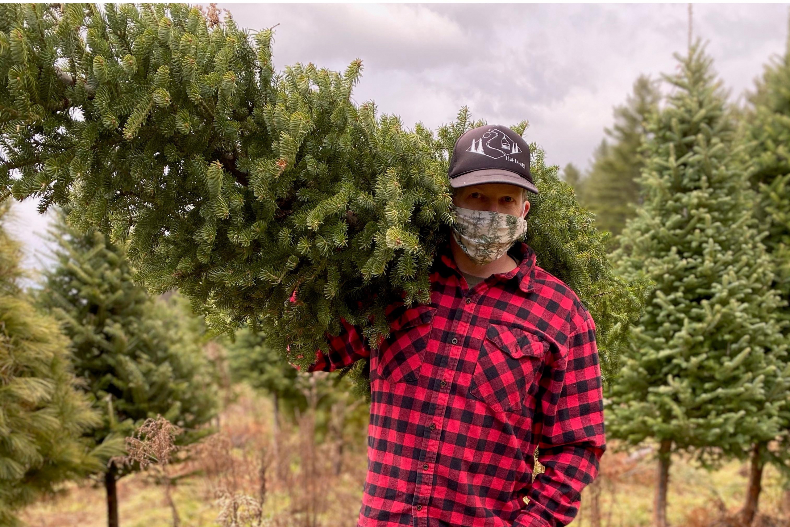 Nate Gardener holds a Christmass tree