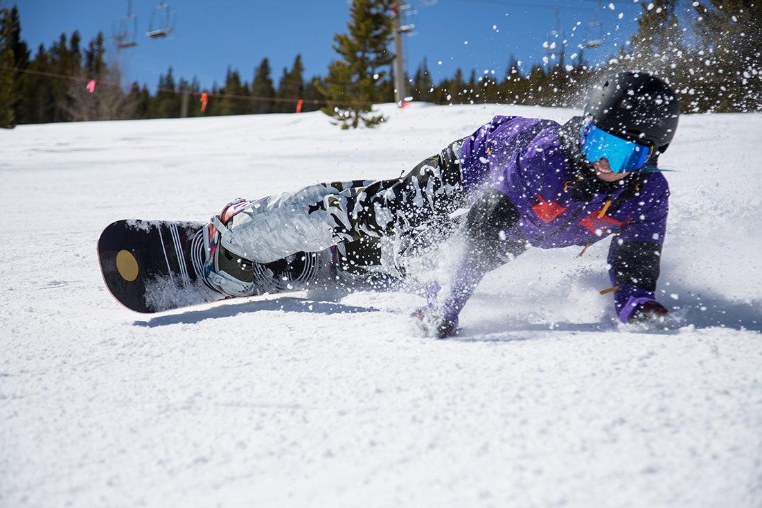 Stephanie Wilkerson does a hero carve on her snowboard